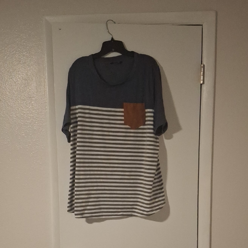 BloomChic Blue and White Striped Tee with Brown Pocket